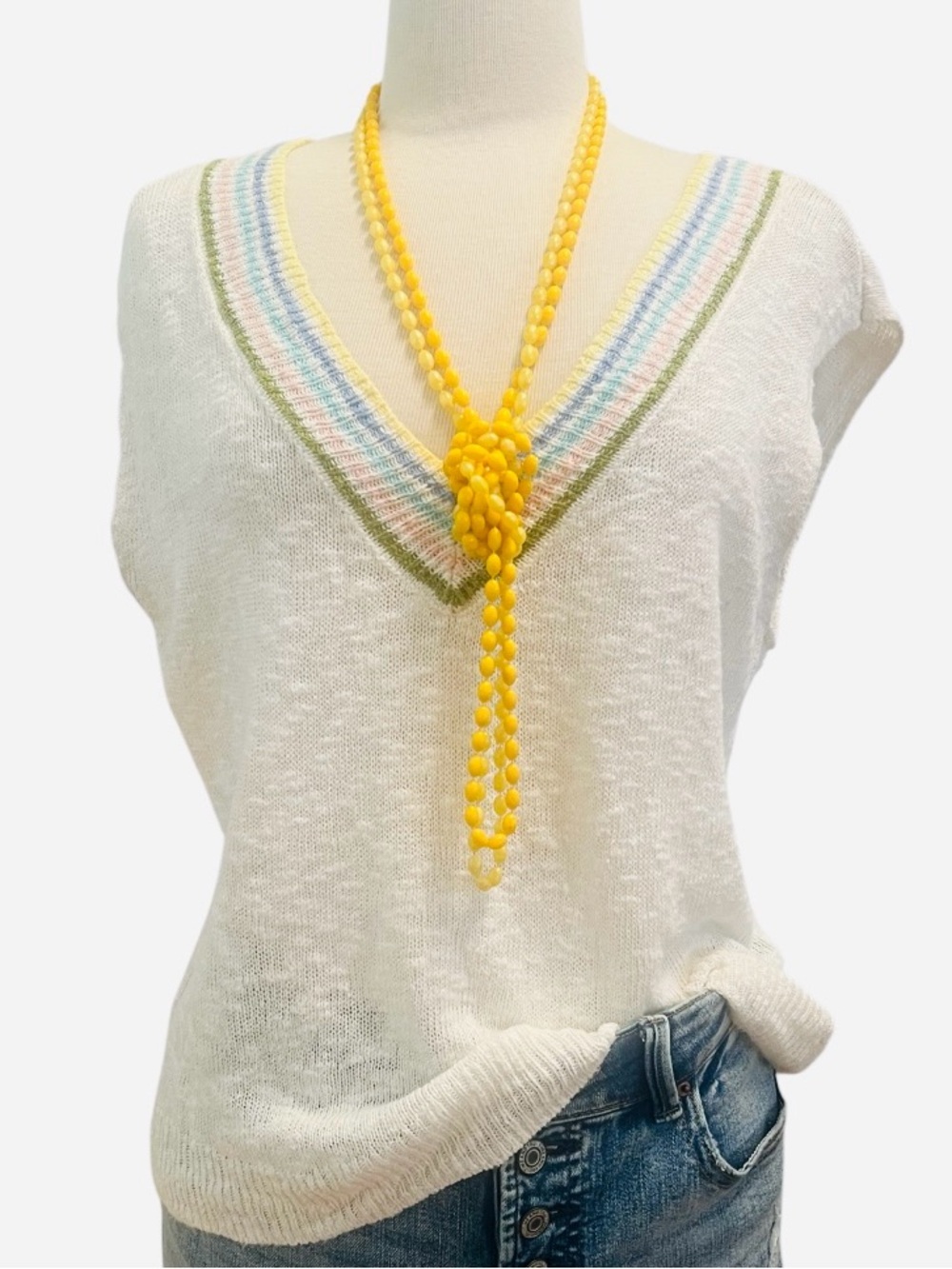 TALBOTS- COTTON LINEN BLEND Cream Slub V-Neck Tank with Pastel Stripe Trim